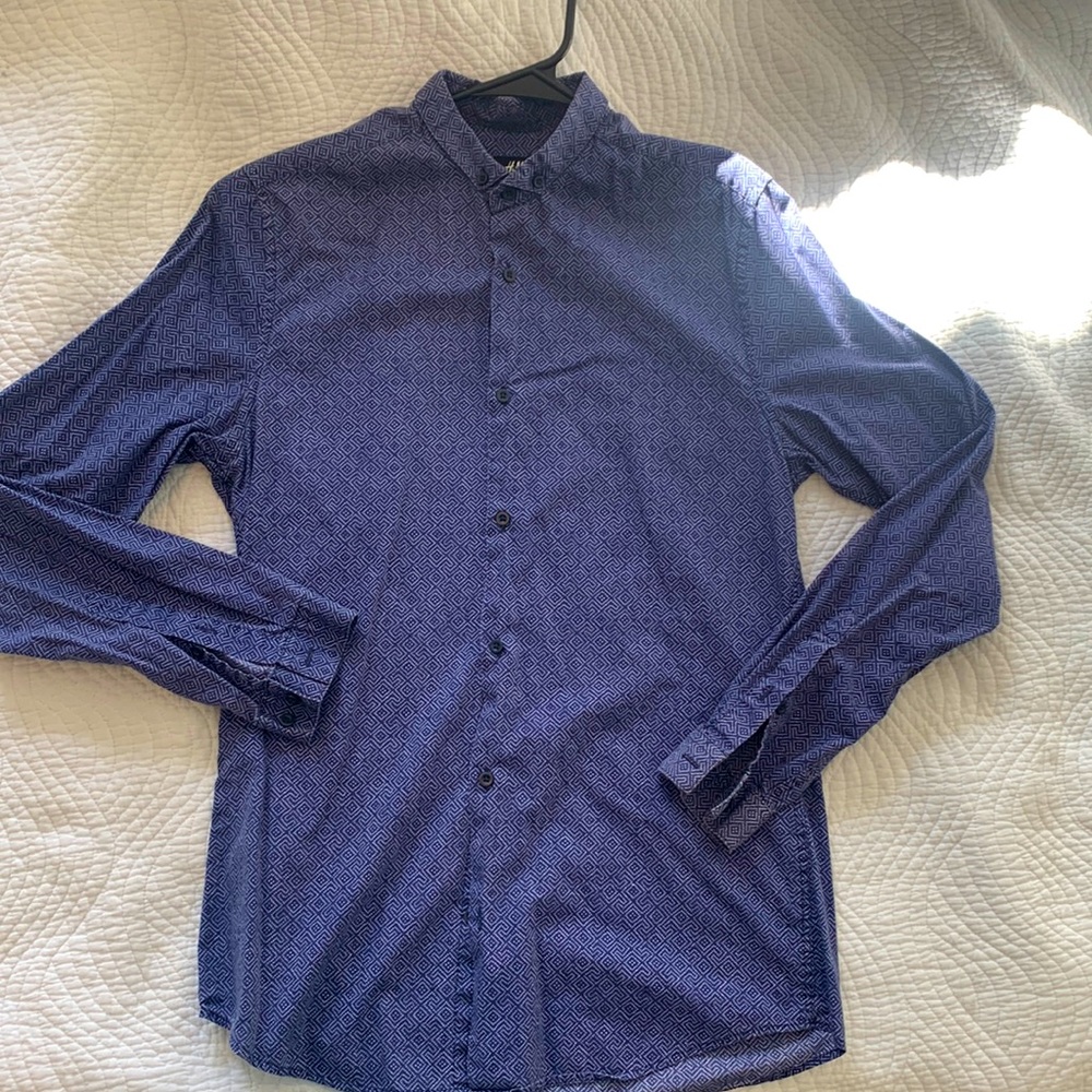 Navy blue patterned button down.